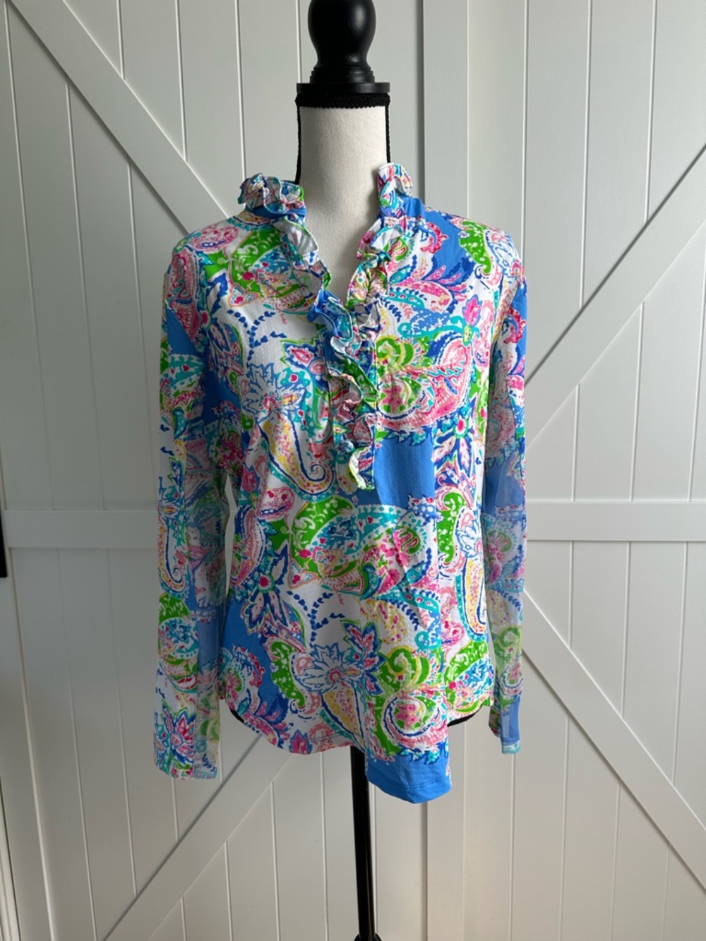 G Lifestyle Paisley Print Ruffle Top Blue Pink Green Mesh Sleeve Large
